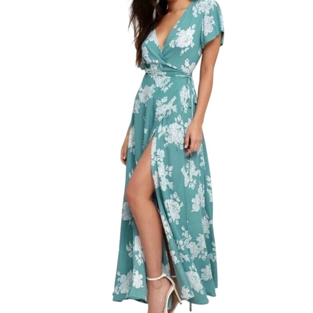 Lulus Teal Floral Wrap Maxi‎ Dress Flutter Sleeve Split Leg